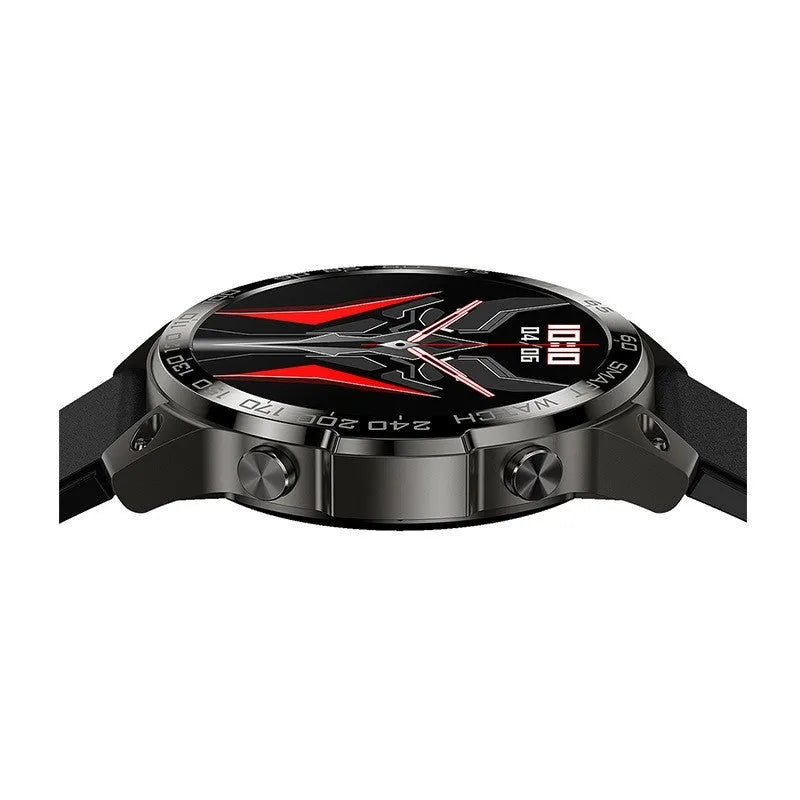 Black Bluetooth sports watch with round AMOLED screen and silicone strap on a wrist.