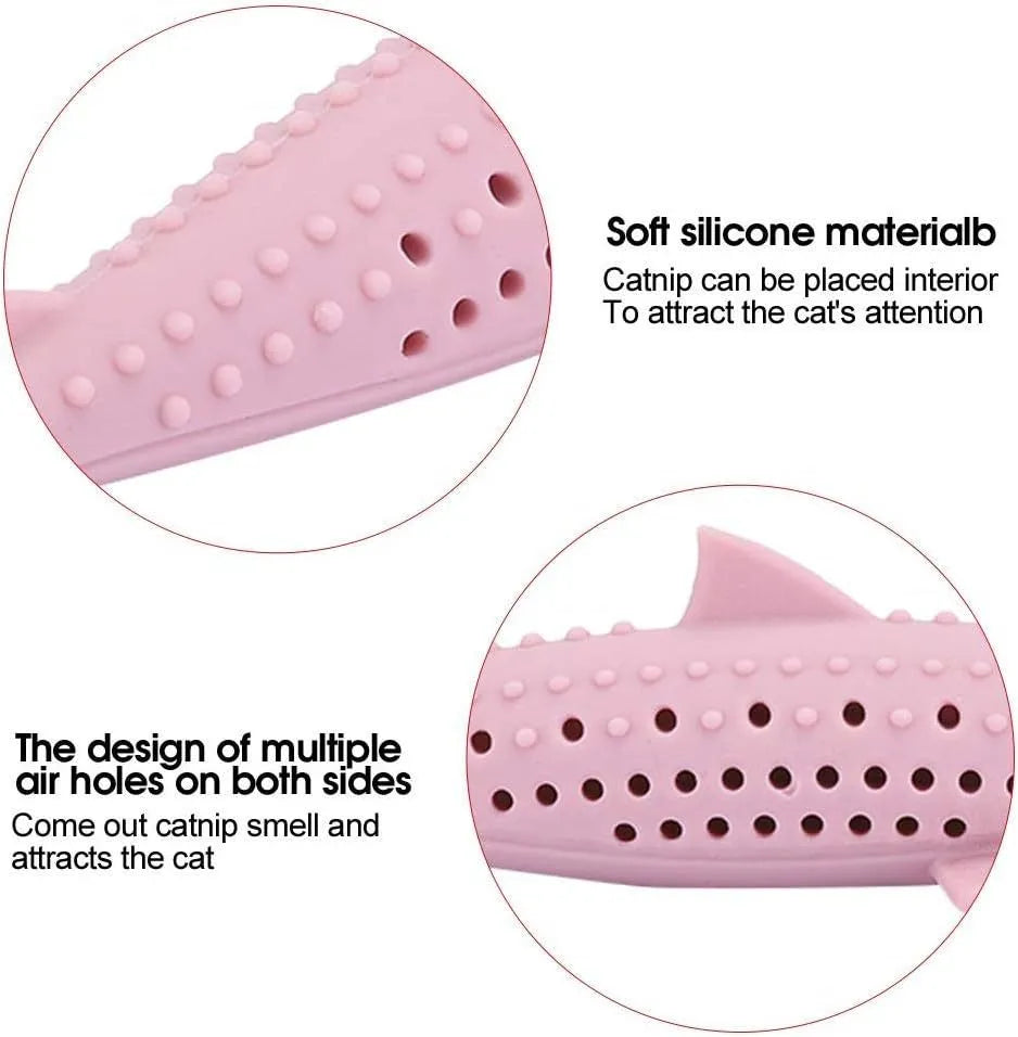Green silicone fish-shaped cat chew toy with breathable side holes for catnip