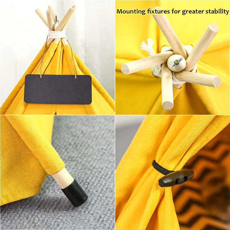 Portable pet teepee tent bed for small dogs or cats with striped flax linen cover and cushion
