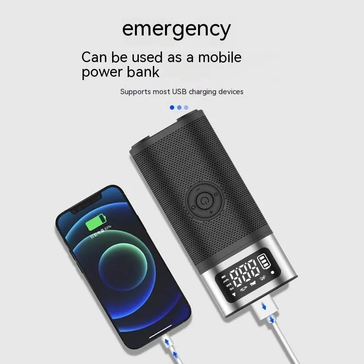 Black portable wireless smart vehicle air pump with USB cable and multiple inflation nozzles on a grey background.