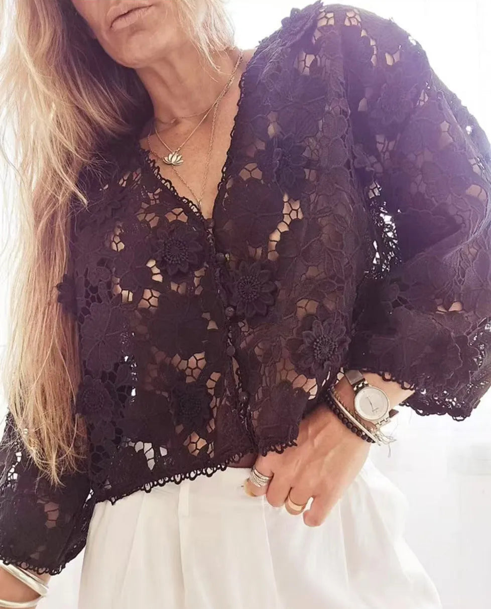 Women's loose fit lace cardigan with three-dimensional flower decoration and V-neck design
