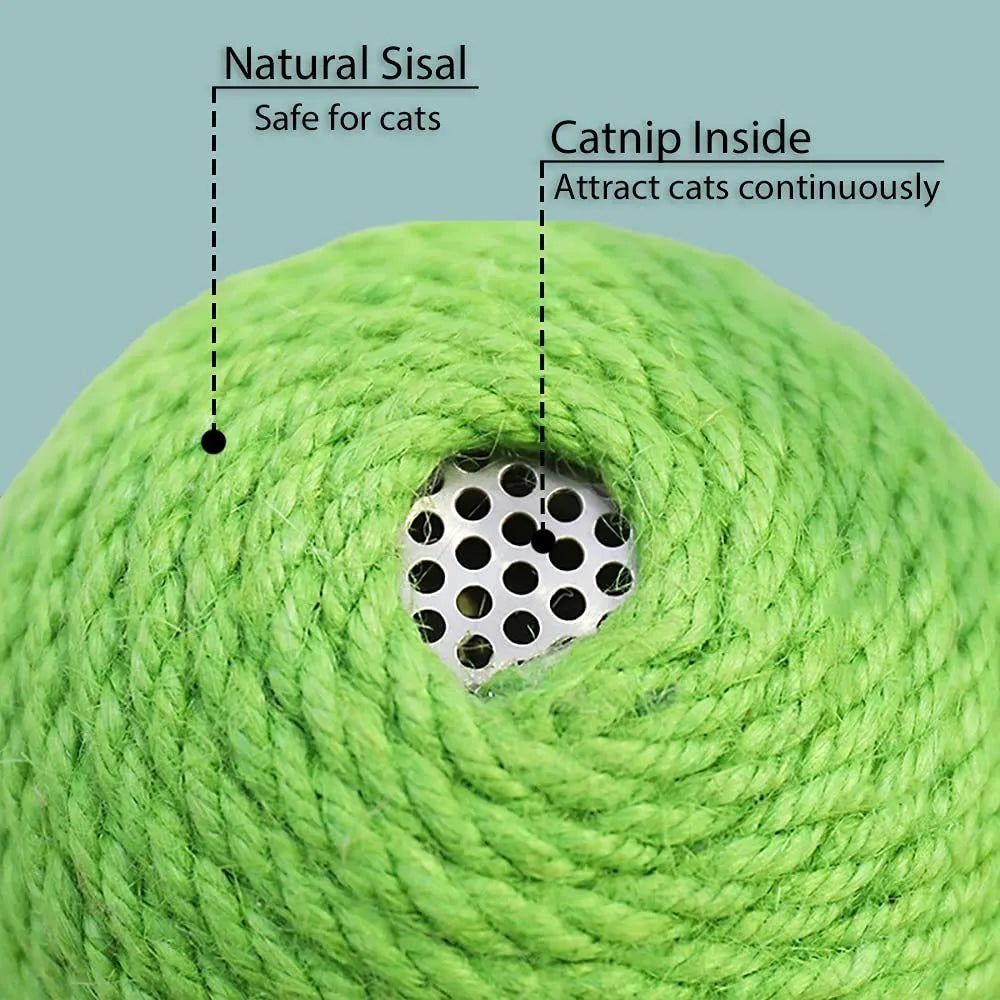 Green cactus-shaped cat toy with a sisal scratching post and a rocking tumbler ball on a weighted base.