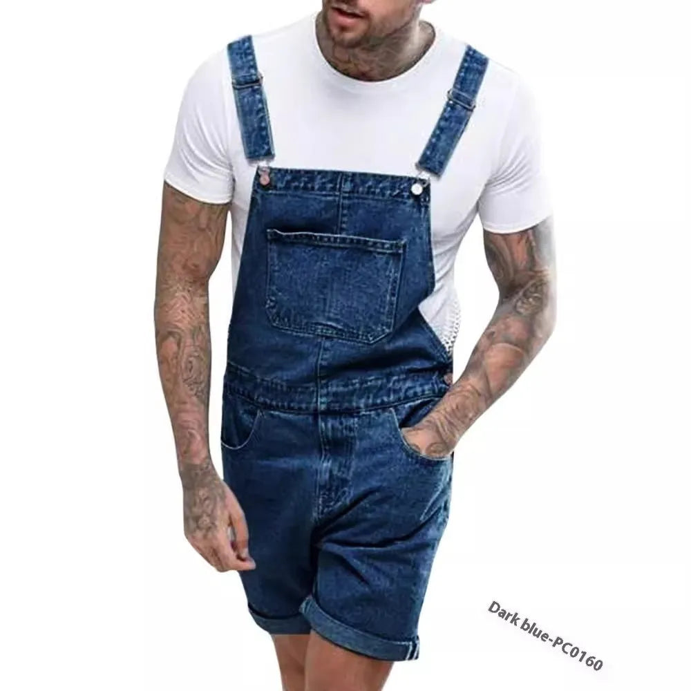 Youth medium elastic denim suspender shorts in black, blue or grey colours with zipper fly