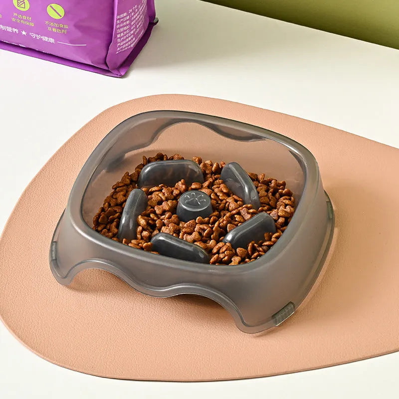 Blue plastic slow feeder dog bowl with raised internal maze pattern to prevent fast eating.