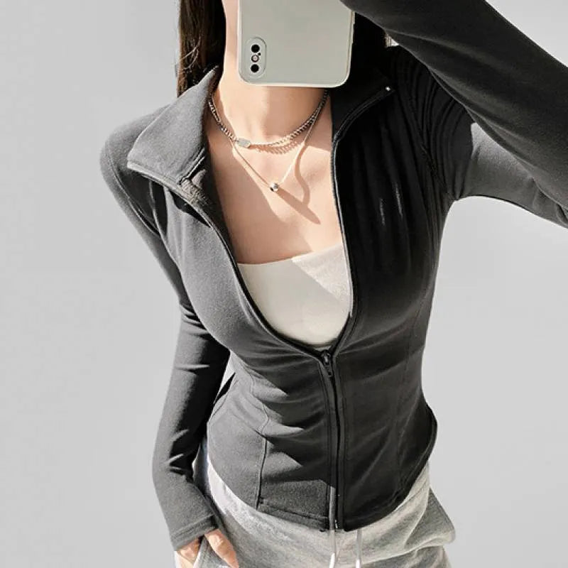 Women's slim fit Dralon cardigan with full zip front and flying sleeves in solid black colour