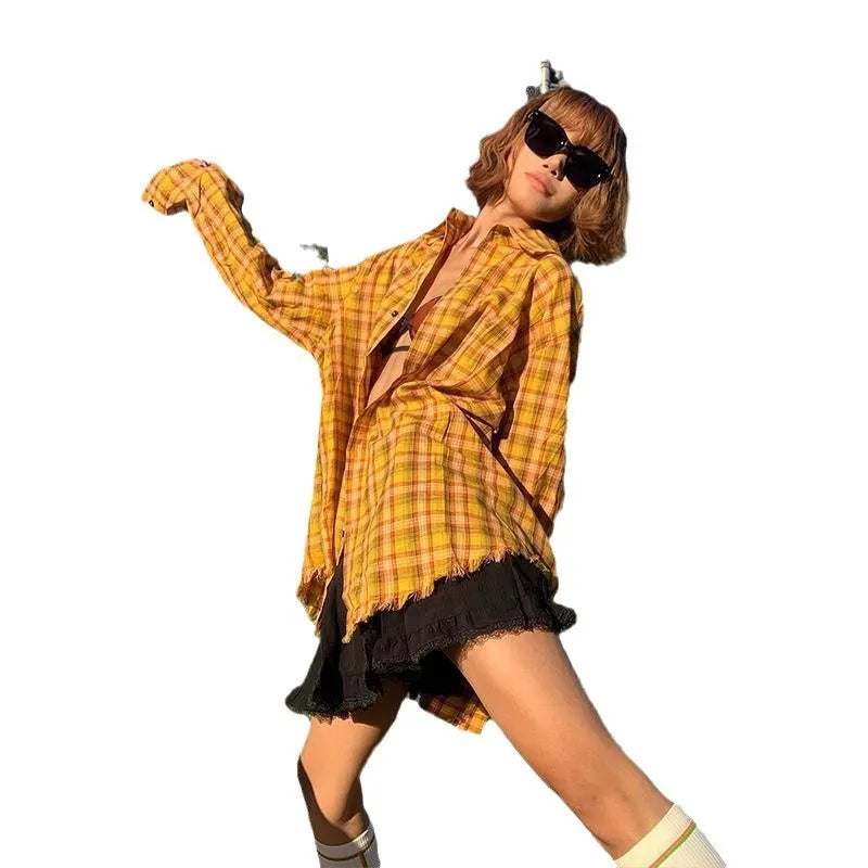 A loose-fitting dopamine yellow plaid shirt with a cardigan style, shown on a hanger.