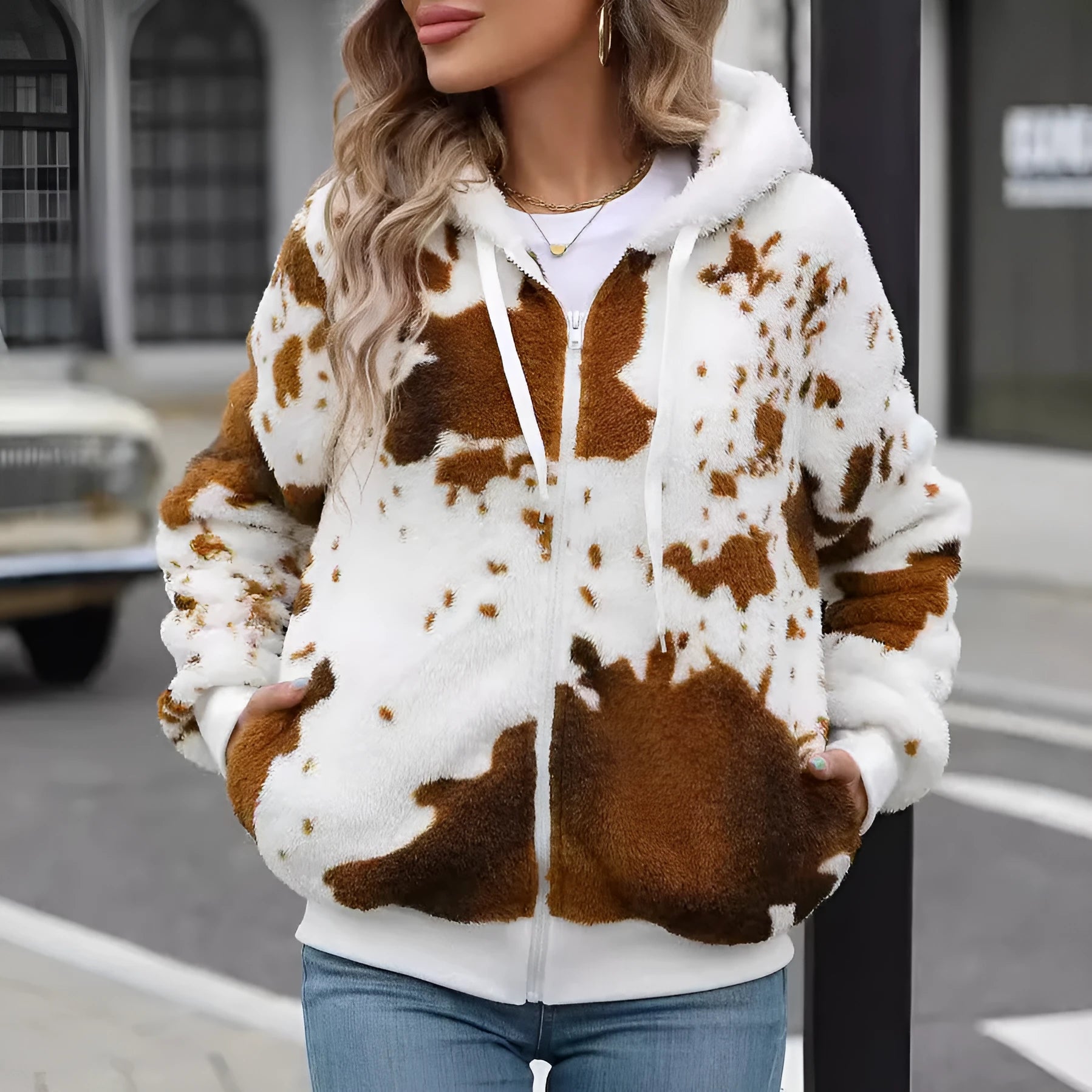 Yellow brown cow animal print hooded cardigan jacket with front zipper closure