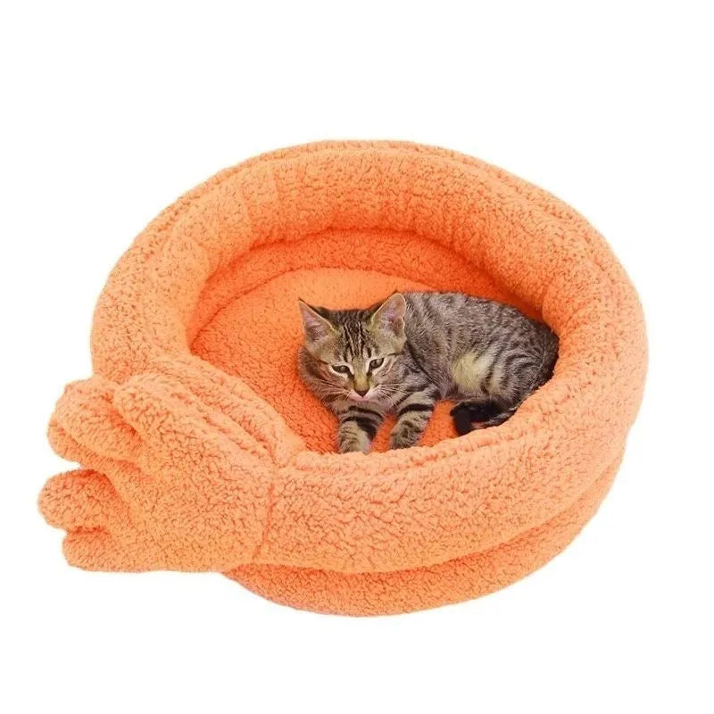 Yellow plush pet kennel with mattress for cats and dogs, showing its 48 cm length.