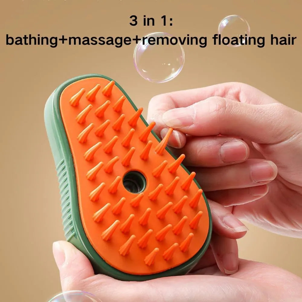 Green and white cat steam brush with water spray function and silicone teeth for pet grooming