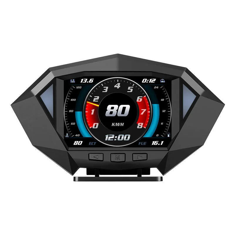Black car head-up display unit with LCD screen on dashboard showing driving information