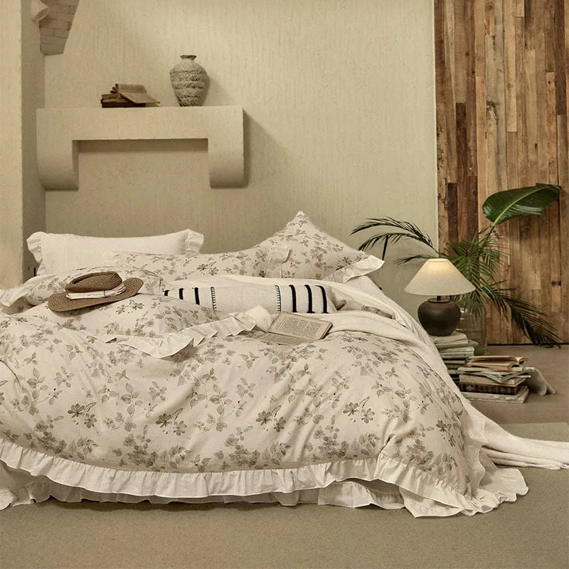 Cotton and linen yarn-dyed four-piece bed set with raw jute colour plants and flowers pattern, includes quilt cover, bed sheet, two pillowcases