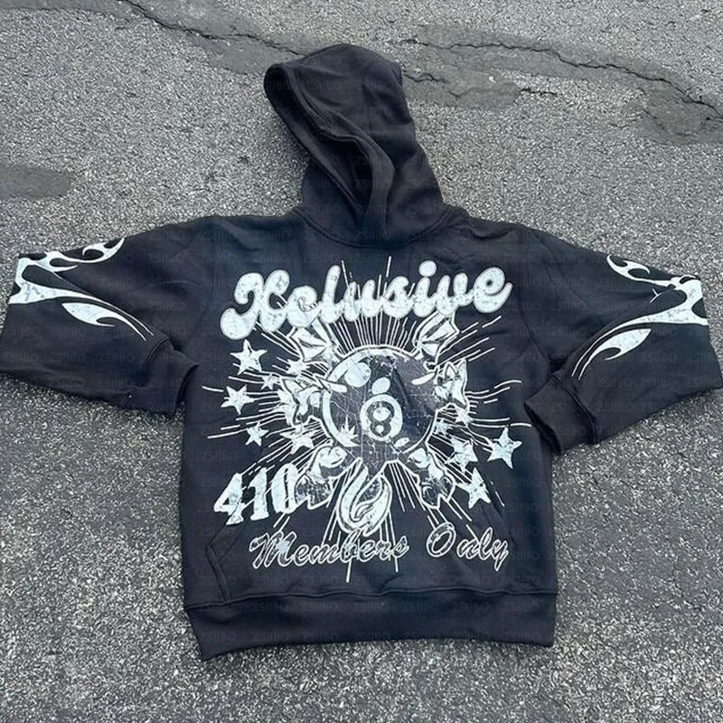 Loose fit personalised letter print pullover hoodie in black with kangaroo pocket