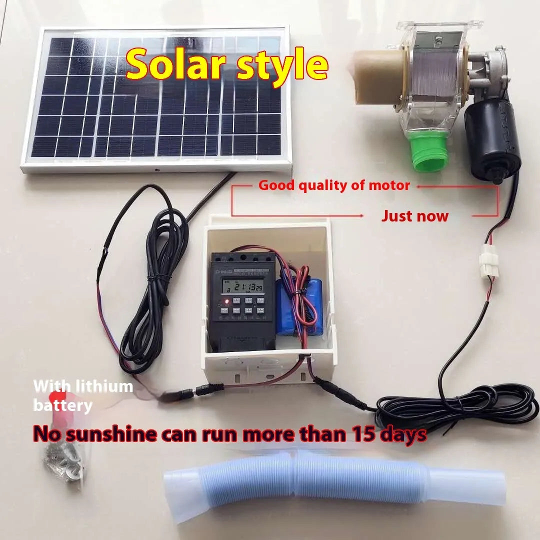 Solar-powered automatic chicken and duck feeding machine with watertight timer unit for animal enclosures