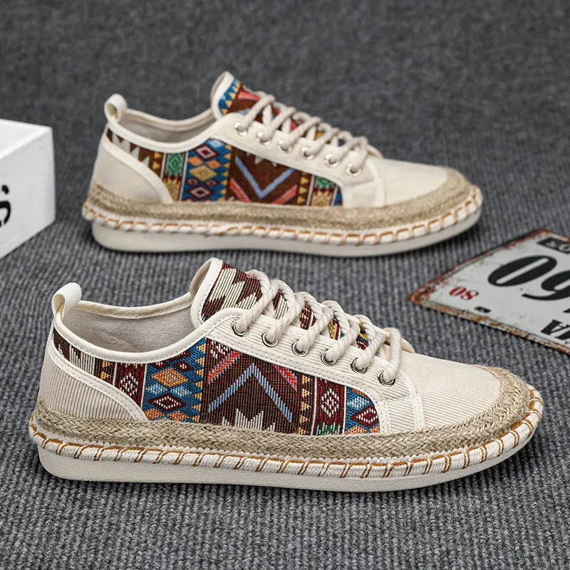 Men's casual summer shoes in cloth with round toe, shown in beige and black colour options
