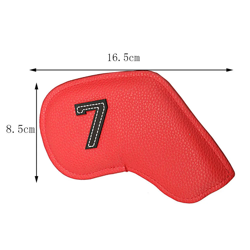 Set of 10 multi-coloured PU golf club head covers with ball head design on a golf bag.