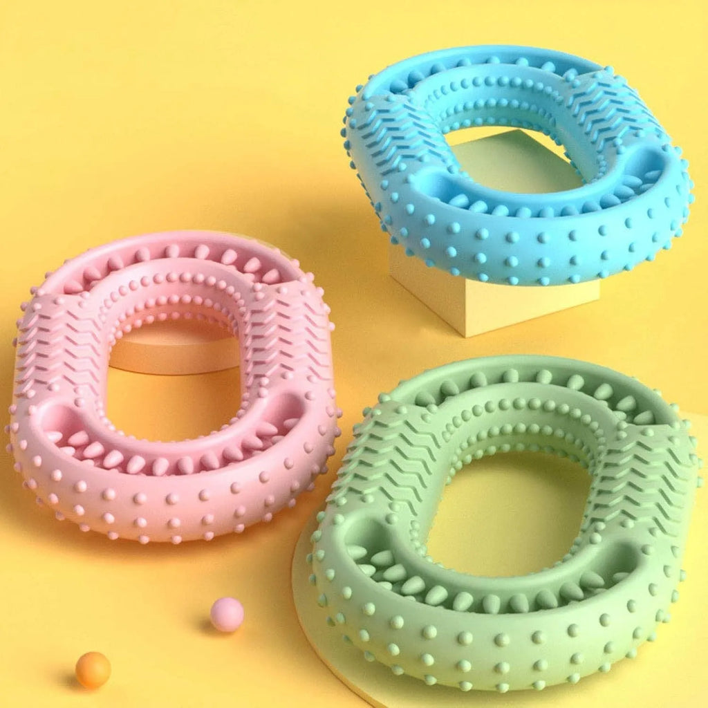 Blue O-ring shaped dog dental chew toy for aggressive chewers measuring 12.5cm by 8.6cm