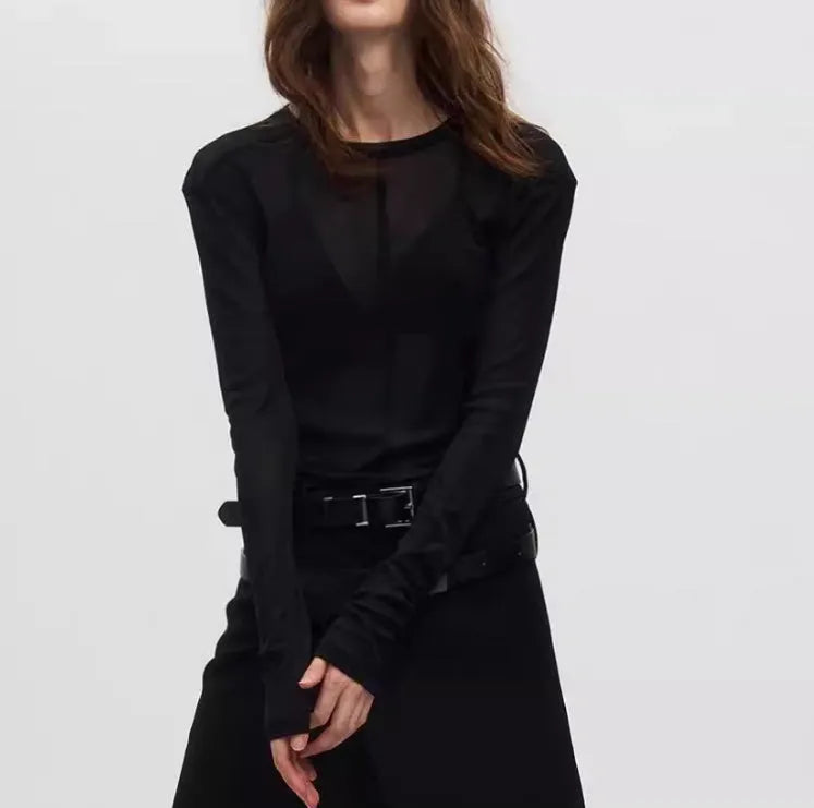 Black slim-fit women's pullover with mesh see-through texture and long sleeves.