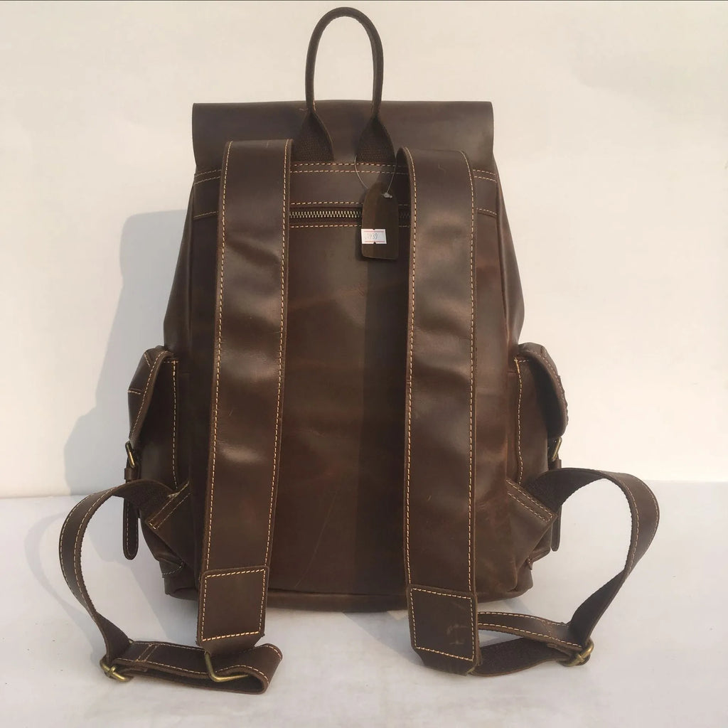 Coffee brown men's genuine leather rucksack with air pillow belt comfort system