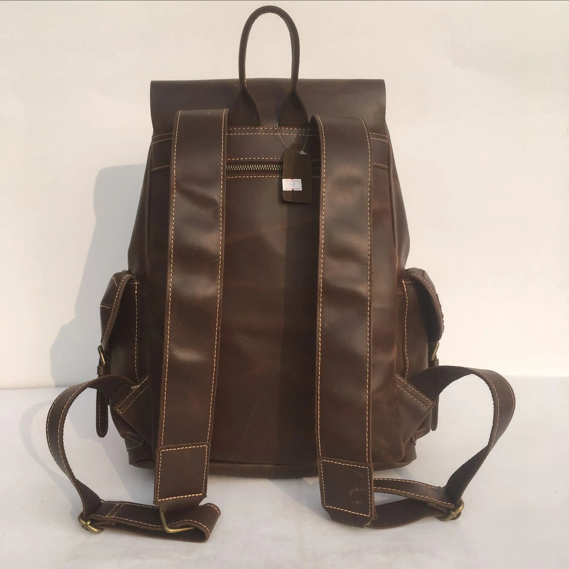 Coffee brown men's genuine leather rucksack with air pillow belt comfort system
