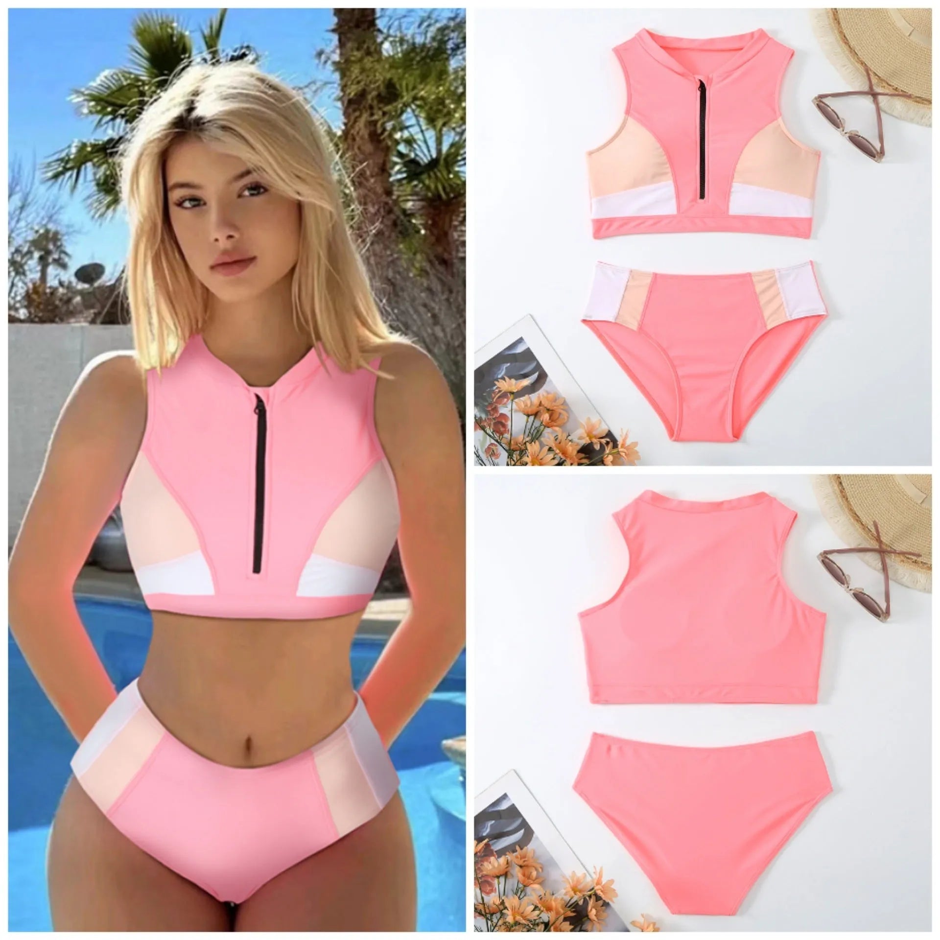 Pink high waist split bikini swimsuit with ammonia mesh lining and nylon fabric construction