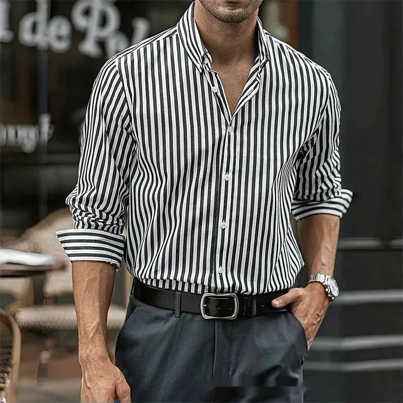 Men's loose fit striped casual button shirt in cardigan style with long sleeves