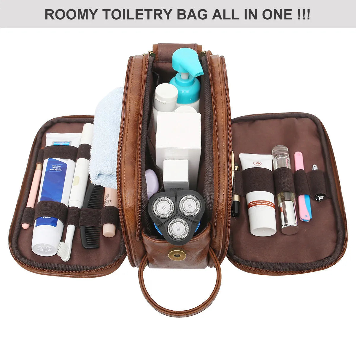 Men's solid colour black PU toiletry bag for travel storage, shown next to brown colour option.
