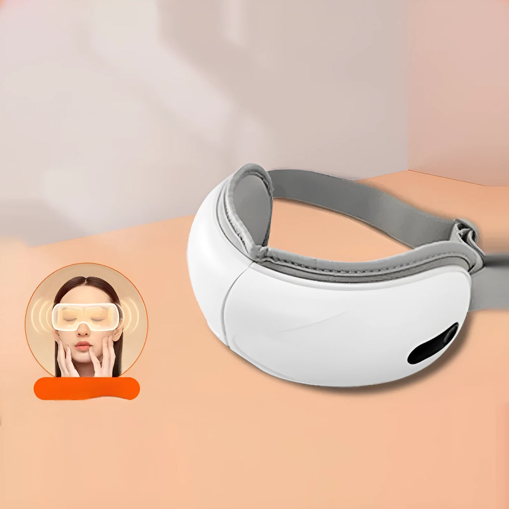 White rechargeable eye massager with hot compress function showing dimensions and ABS plastic construction