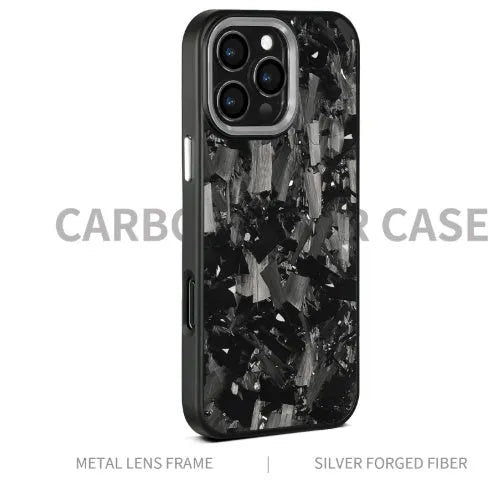 Carbon fibre metal frame shockproof phone case for iPhone 14 15 16 in black with forged grain finish