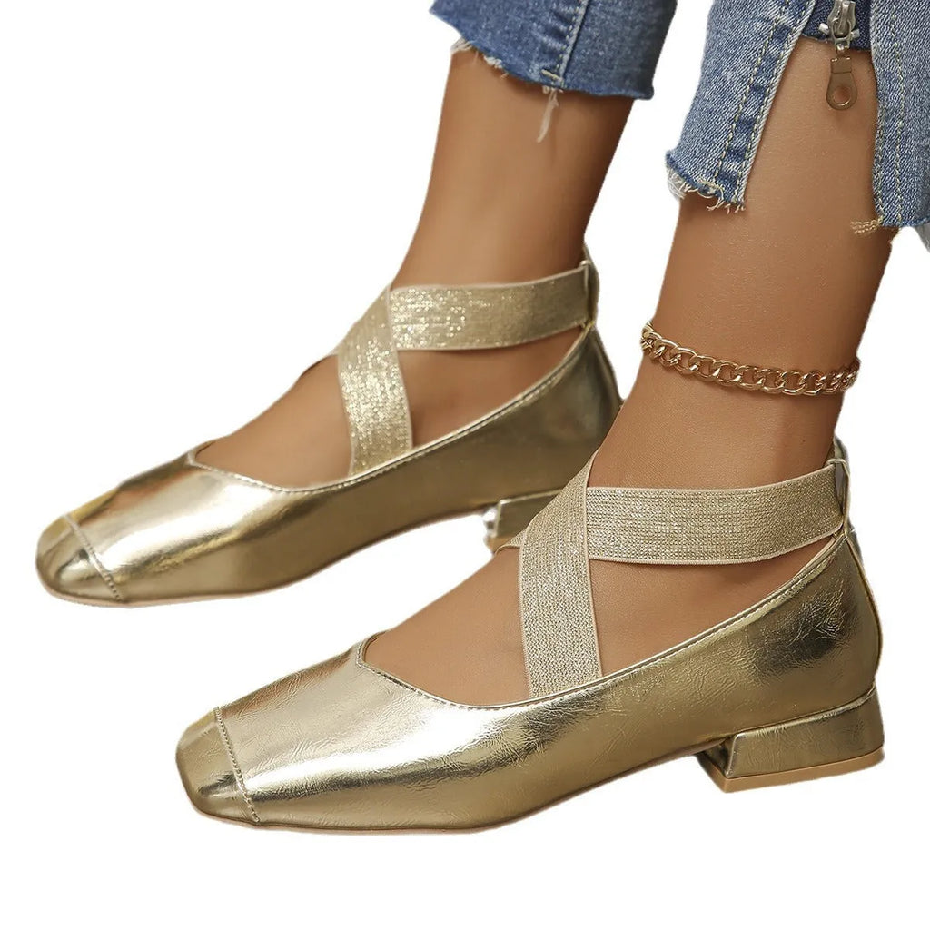 Gold low heel slip-on pump with square toe, shown as a French style evening shoe cover.