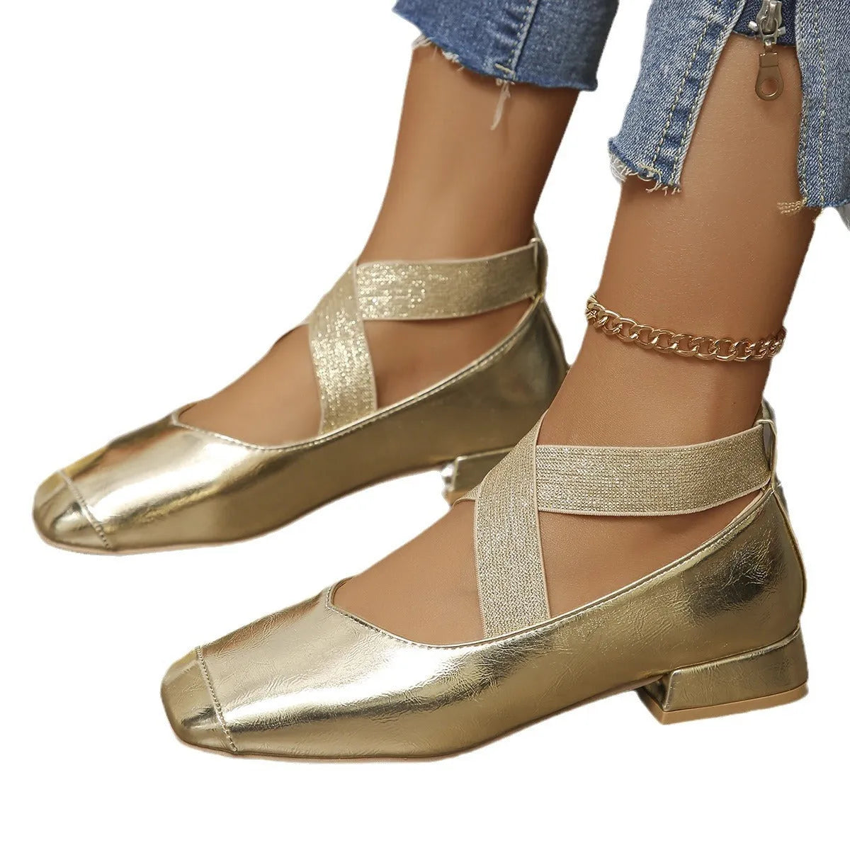 Gold low heel slip-on pump with square toe, shown as a French style evening shoe cover.