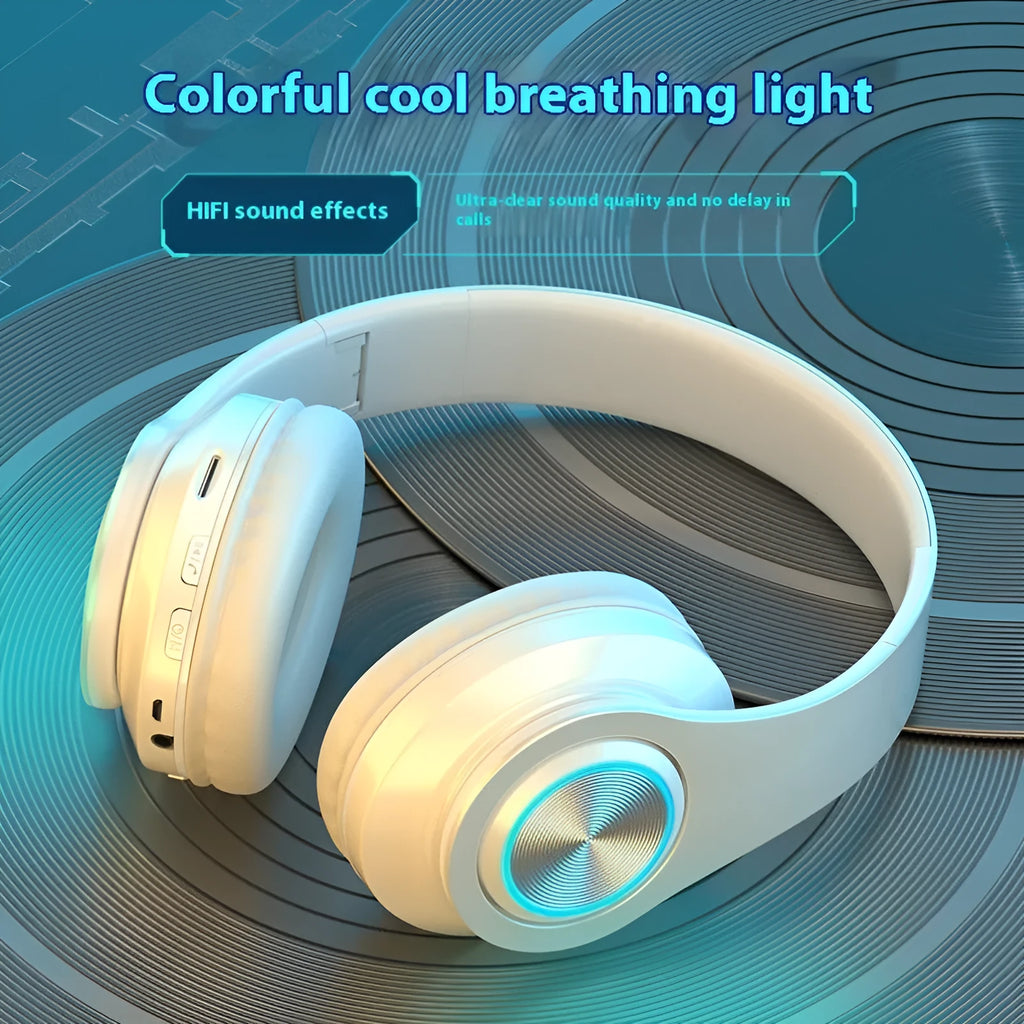 Black wireless Bluetooth gaming headset with head-mounted design showing e-sports features