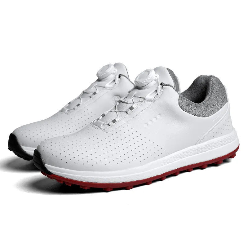 Men's low top white golf sneakers with breathable holes and a broken nail pattern sole.