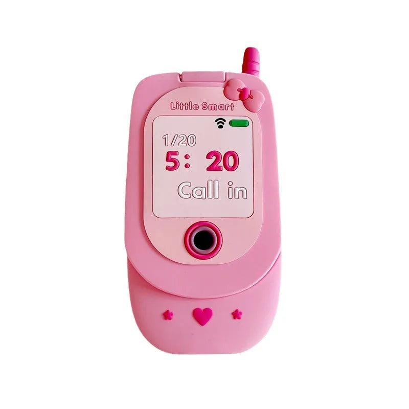 Pink silicone iPhone case with a flip-open mirror cover on a table.
