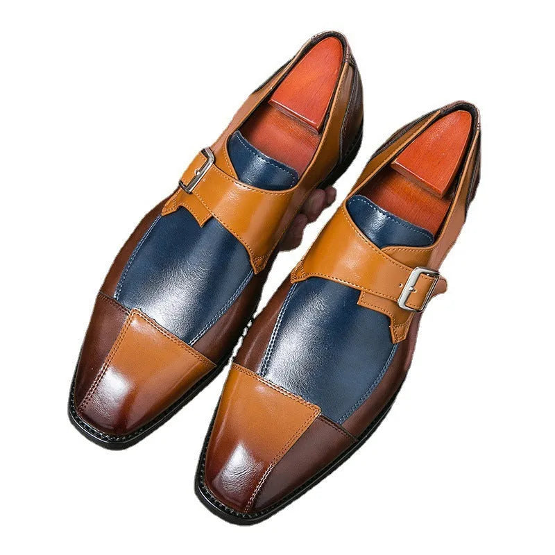 Men's brown blue retro buckle casual shoes with a tall crown microfibre upper.