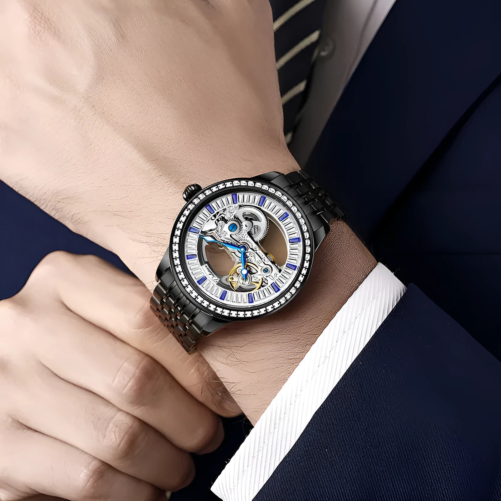 Men's luxury zircon mechanical watch with onion crown on a black leather strap, showing transparent case back.