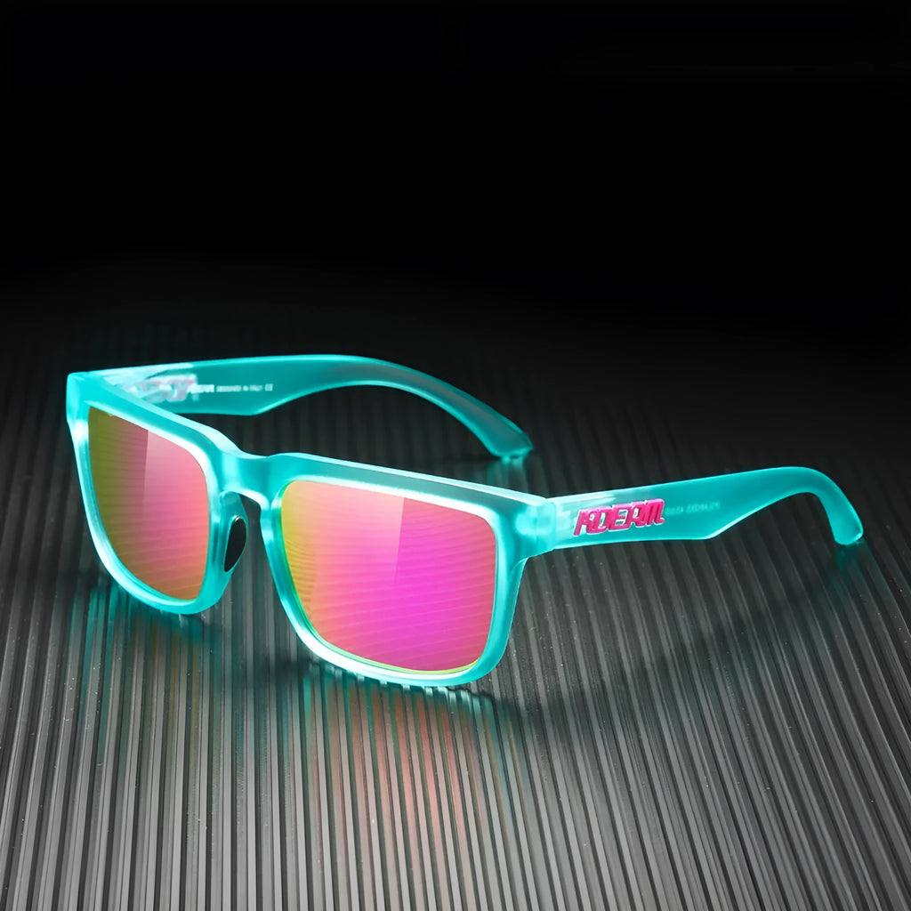 Square hip hop style sunglasses with polarised lenses in a colour from the PLUS-C range