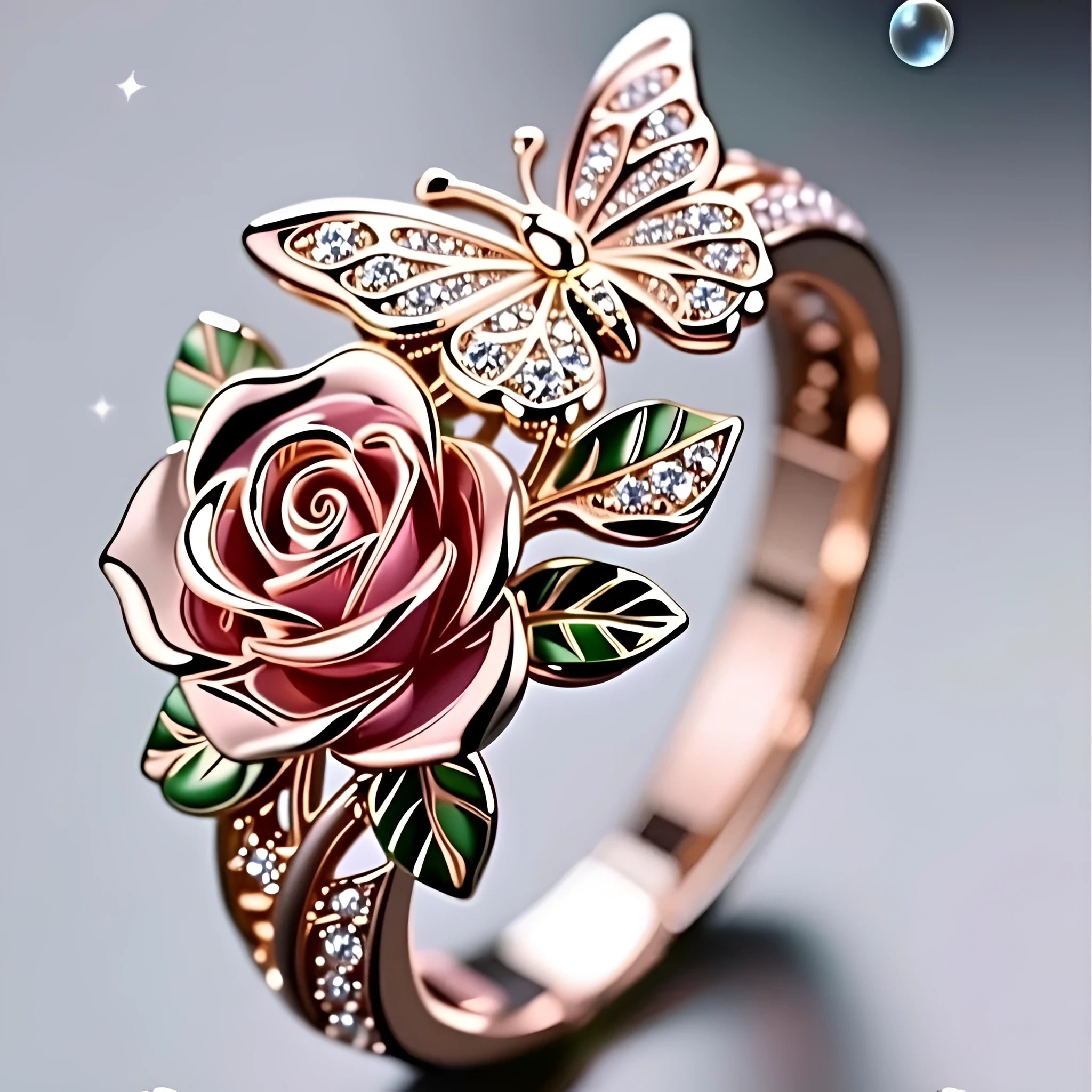 Adjustable butterfly personality ring with colourful oil drip treatment and floral motifs on alloy metal