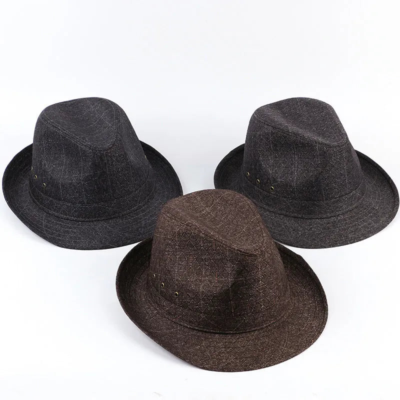 A thickened wool fedora hat for men in classic grey, shown in a side profile to highlight its centre pinch and band.