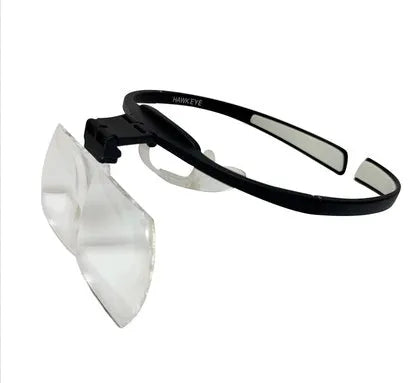 TR90 plastic head-mounted magnifying glass with large acrylic lenses, shown on a head or with adjustable nose pad detail.