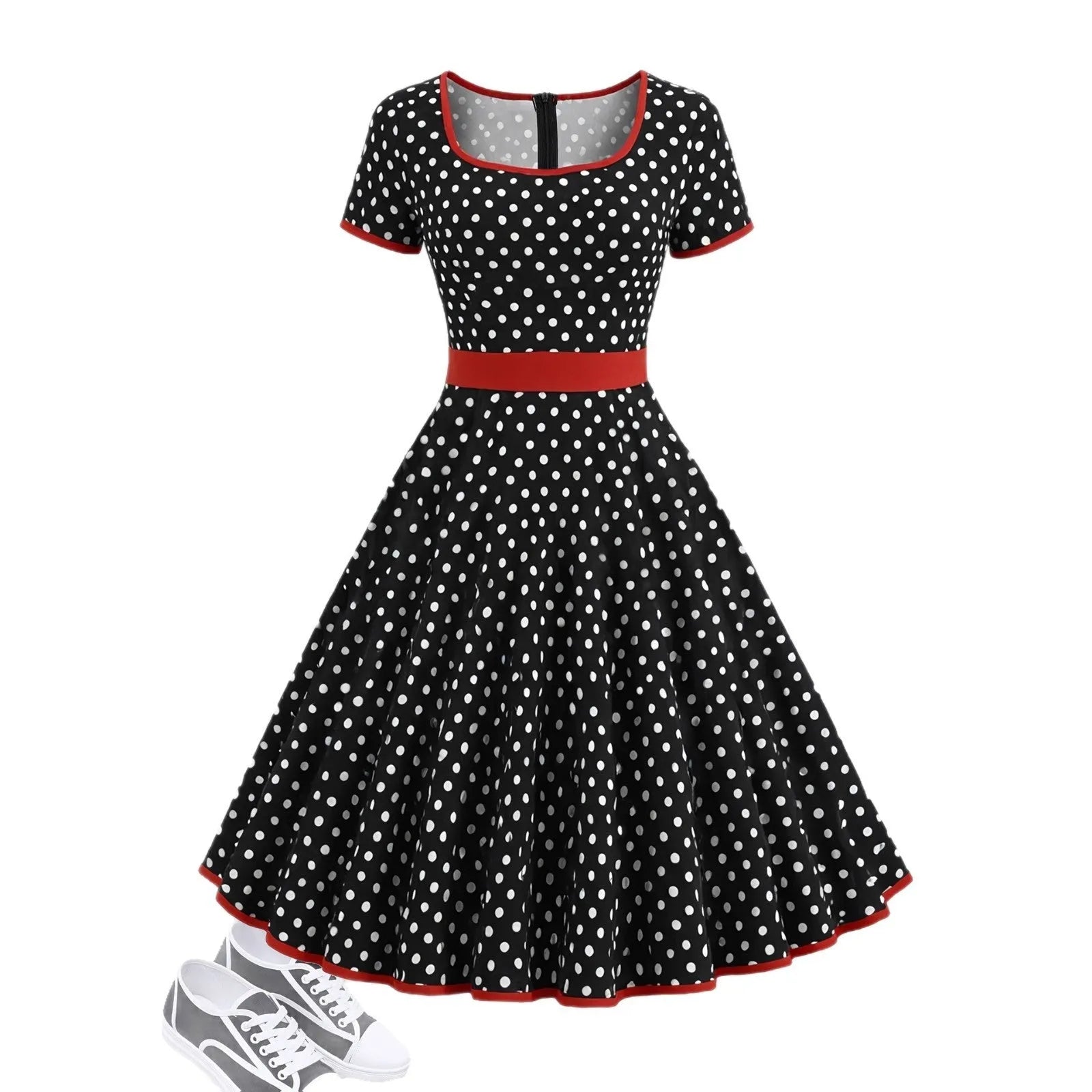 Women's multicolour polka dot pleated dress with a square collar, short sleeves, and a front zip fastener.