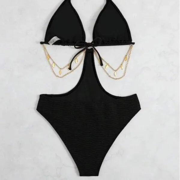 Women's black chain bikini two-piece swimsuit on a mannequin.