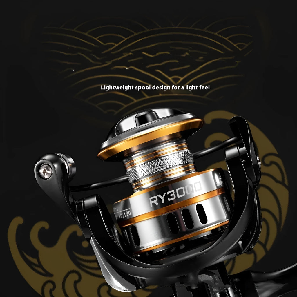 RY series spinning fishing reel with all-metal lure mechanism and black EVA grip handle.