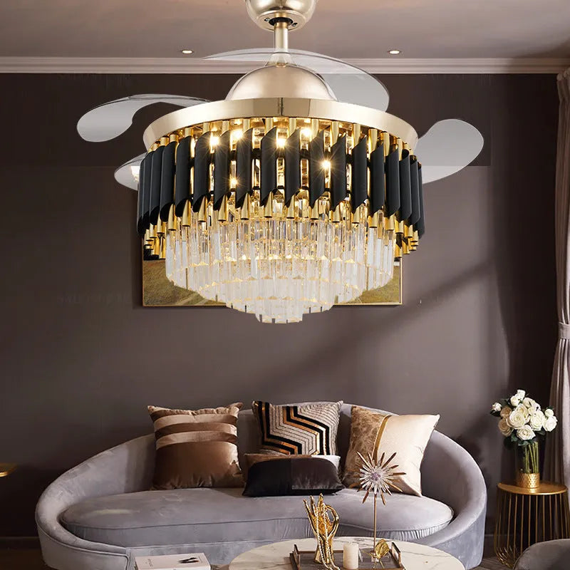 Ceiling fan light with crystal lampshade and wooden fan blades in 42 inch or 48 inch sizes