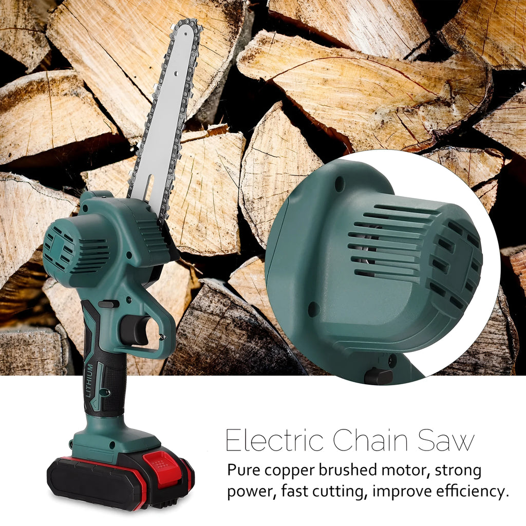 Black mini electric chainsaw with 4-inch guide held in one hand for garden woodcutting