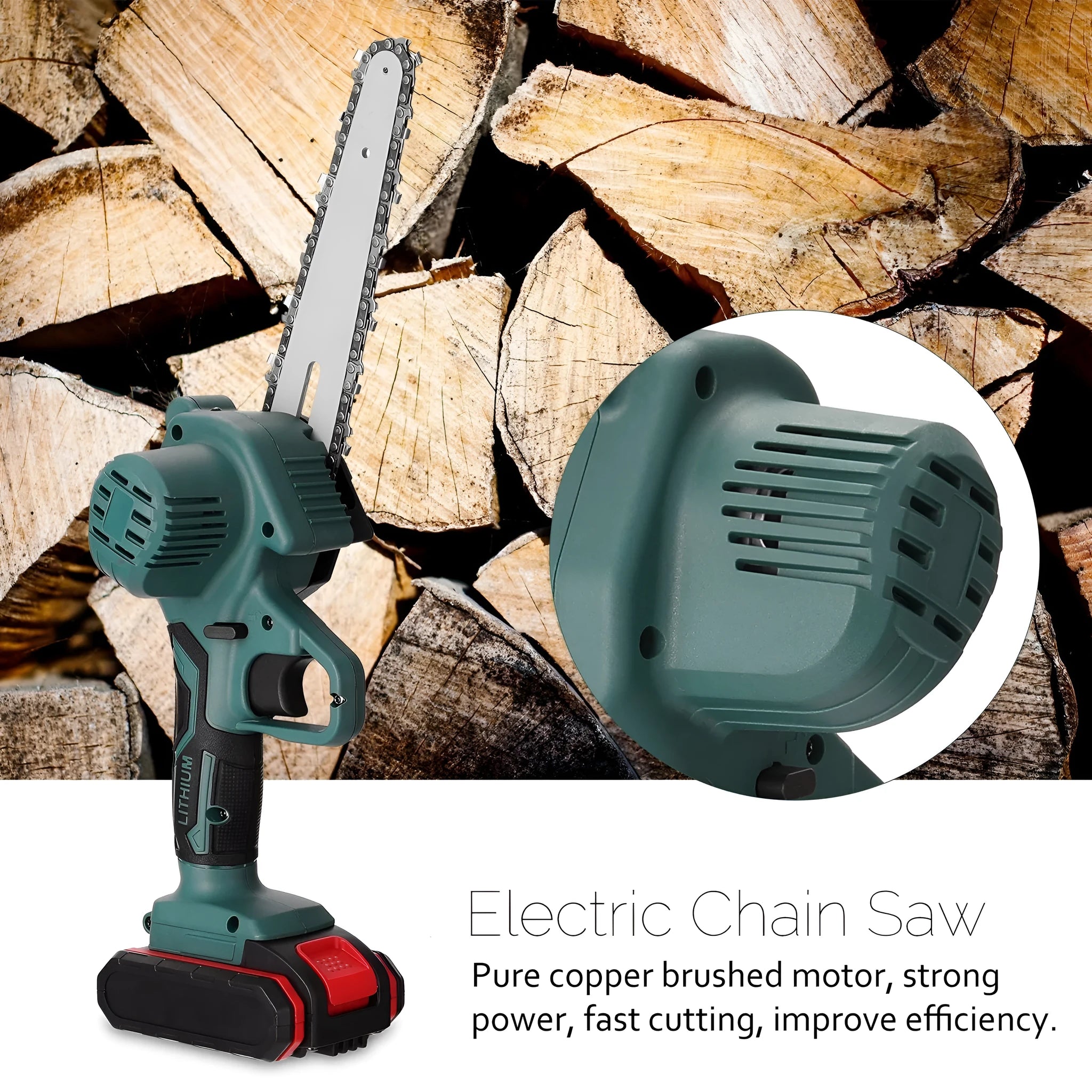 Black mini electric chainsaw with 4-inch guide held in one hand for garden woodcutting