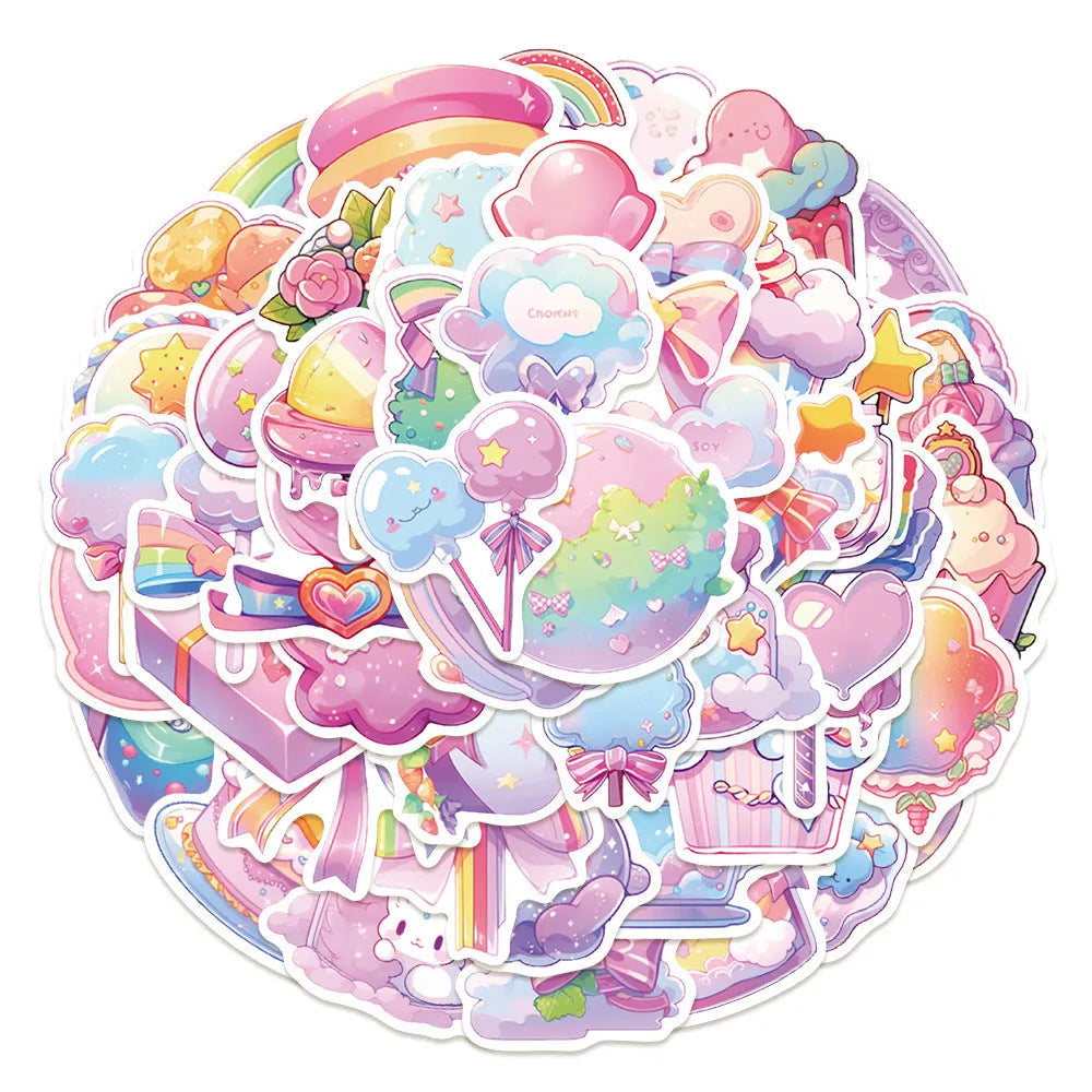 Pack of 50 cute candy-themed waterproof decorative stickers, sizes 4 to 7 cm.