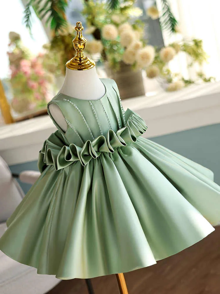 Girls' satin slim fit sleeveless party dress in Fruit Green colour for birthday events