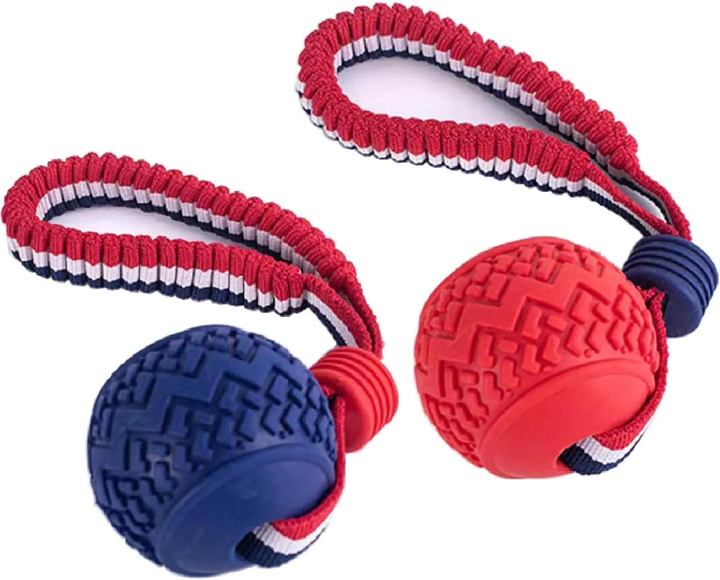Blue and red durable rubber dog ball attached to a rope toy for small medium dogs
