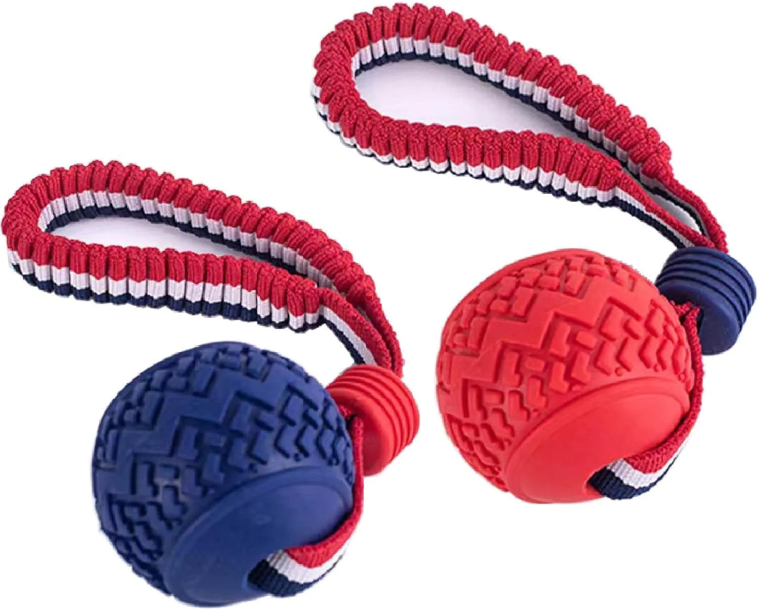 Blue and red durable rubber dog ball attached to a rope toy for small medium dogs