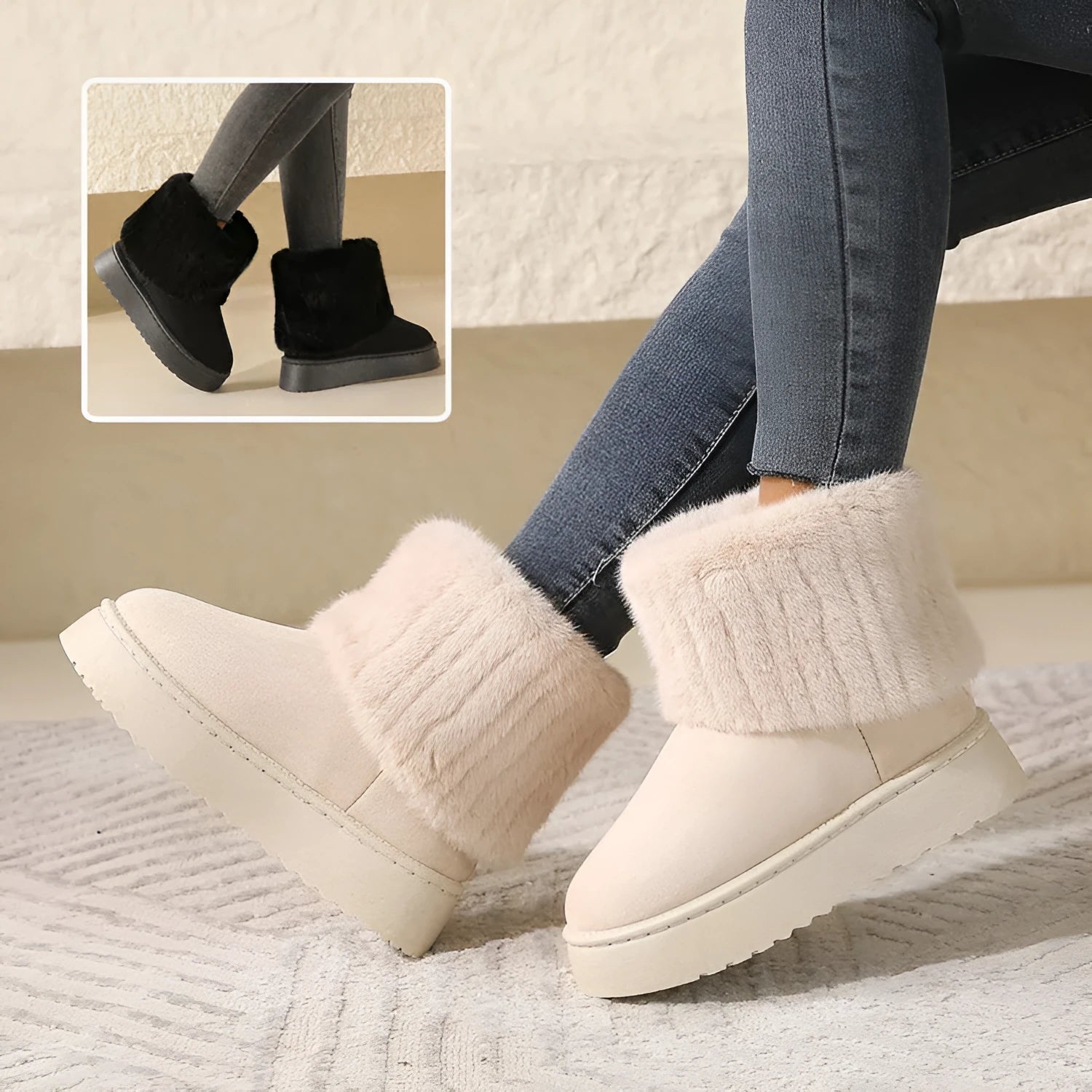 Thick-soled plush snow boots for women with synthetic leather upper and round toe, mid-tube design, in beige